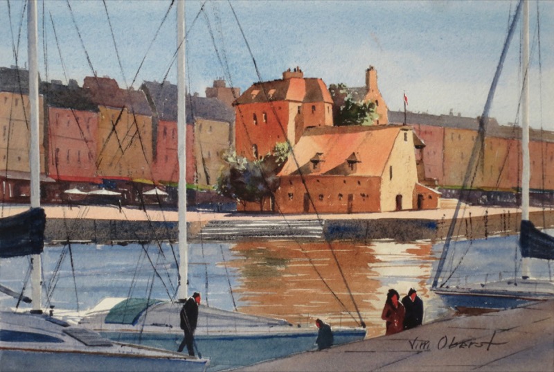 landscape, seascape, harbor, boats, honfleur, normandy, france, europe, oberst, original watercolor painting